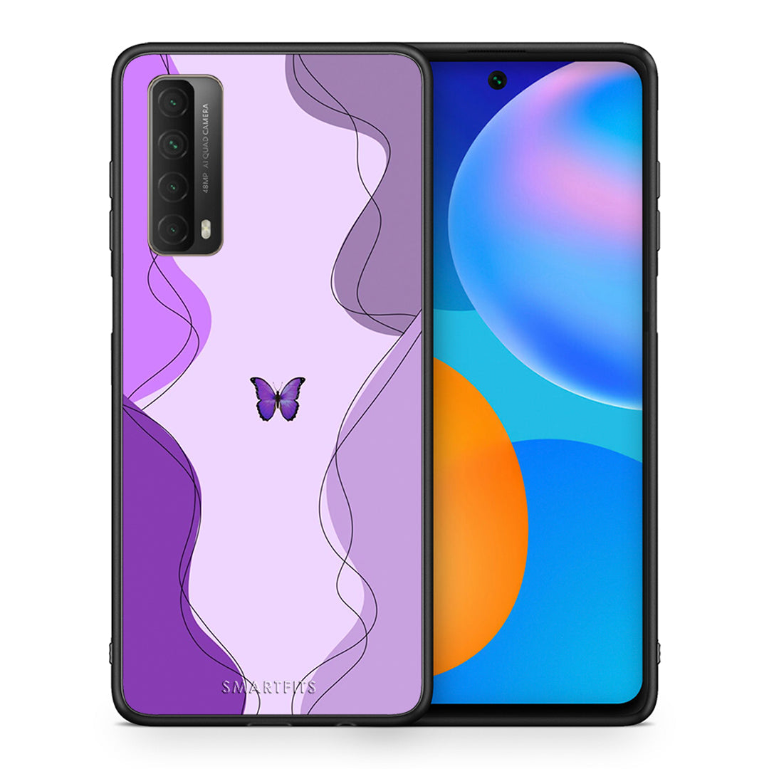 Θήκη Αγίου Βαλεντίνου Huawei P Smart 2021 Purple Mariposa από τη Smartfits με σχέδιο στο πίσω μέρος και μαύρο περίβλημα | Huawei P Smart 2021 Purple Mariposa case with colorful back and black bezels