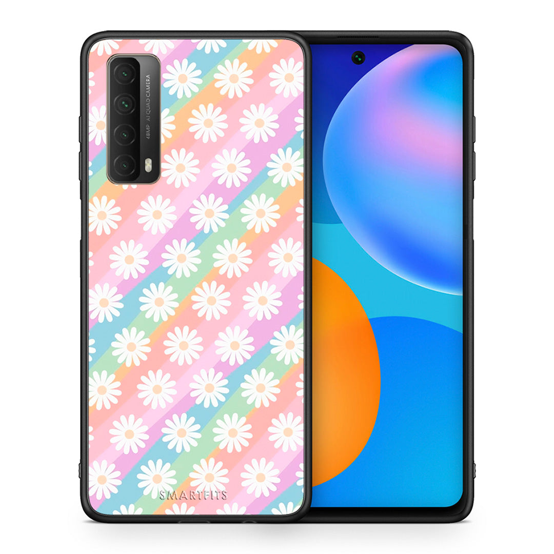 Θήκη Huawei P Smart 2021 White Daisies από τη Smartfits με σχέδιο στο πίσω μέρος και μαύρο περίβλημα | Huawei P Smart 2021 White Daisies case with colorful back and black bezels