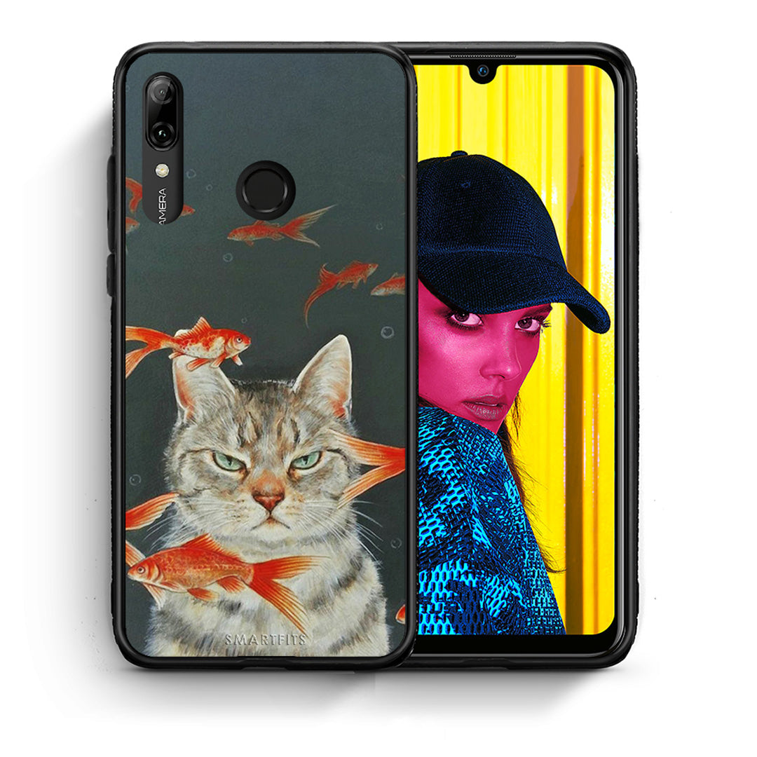 Θήκη Huawei P Smart 2019 Cat Goldfish από τη Smartfits με σχέδιο στο πίσω μέρος και μαύρο περίβλημα | Huawei P Smart 2019 Cat Goldfish case with colorful back and black bezels