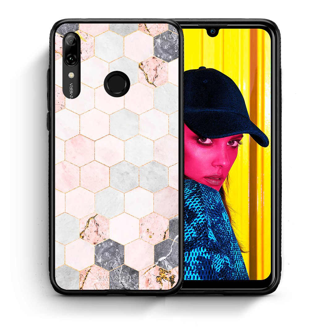 Θήκη Huawei P Smart 2019 Hexagon Pink Marble από τη Smartfits με σχέδιο στο πίσω μέρος και μαύρο περίβλημα | Huawei P Smart 2019 Hexagon Pink Marble case with colorful back and black bezels