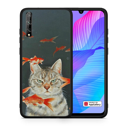 Θήκη Huawei P Smart S Cat Goldfish από τη Smartfits με σχέδιο στο πίσω μέρος και μαύρο περίβλημα | Huawei P Smart S Cat Goldfish case with colorful back and black bezels