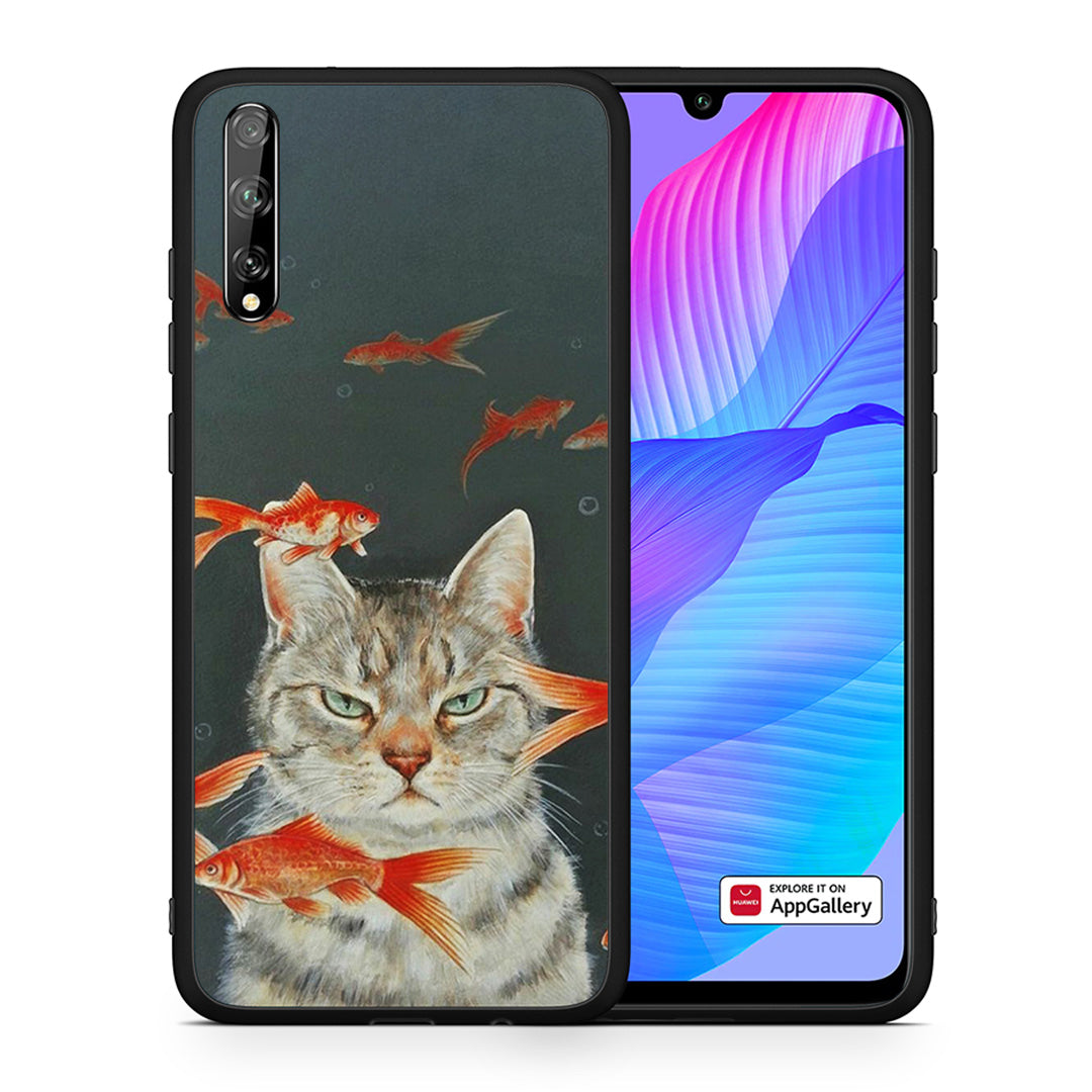 Θήκη Huawei P Smart S Cat Goldfish από τη Smartfits με σχέδιο στο πίσω μέρος και μαύρο περίβλημα | Huawei P Smart S Cat Goldfish case with colorful back and black bezels