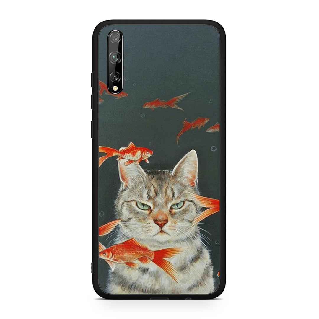 Huawei P Smart S Cat Goldfish θήκη από τη Smartfits με σχέδιο στο πίσω μέρος και μαύρο περίβλημα | Smartphone case with colorful back and black bezels by Smartfits