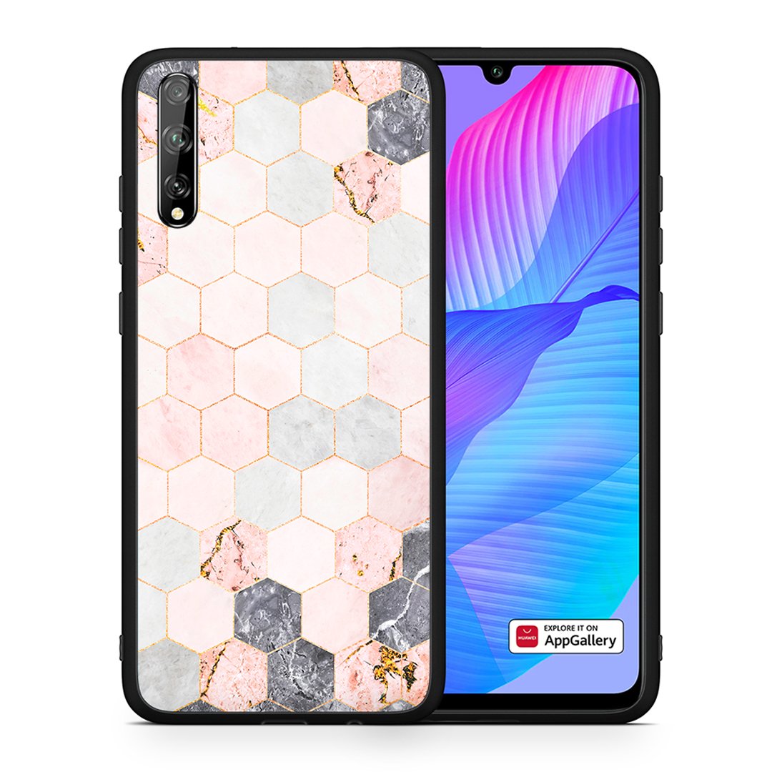 Θήκη Huawei P Smart S Hexagon Pink Marble από τη Smartfits με σχέδιο στο πίσω μέρος και μαύρο περίβλημα | Huawei P Smart S Hexagon Pink Marble case with colorful back and black bezels