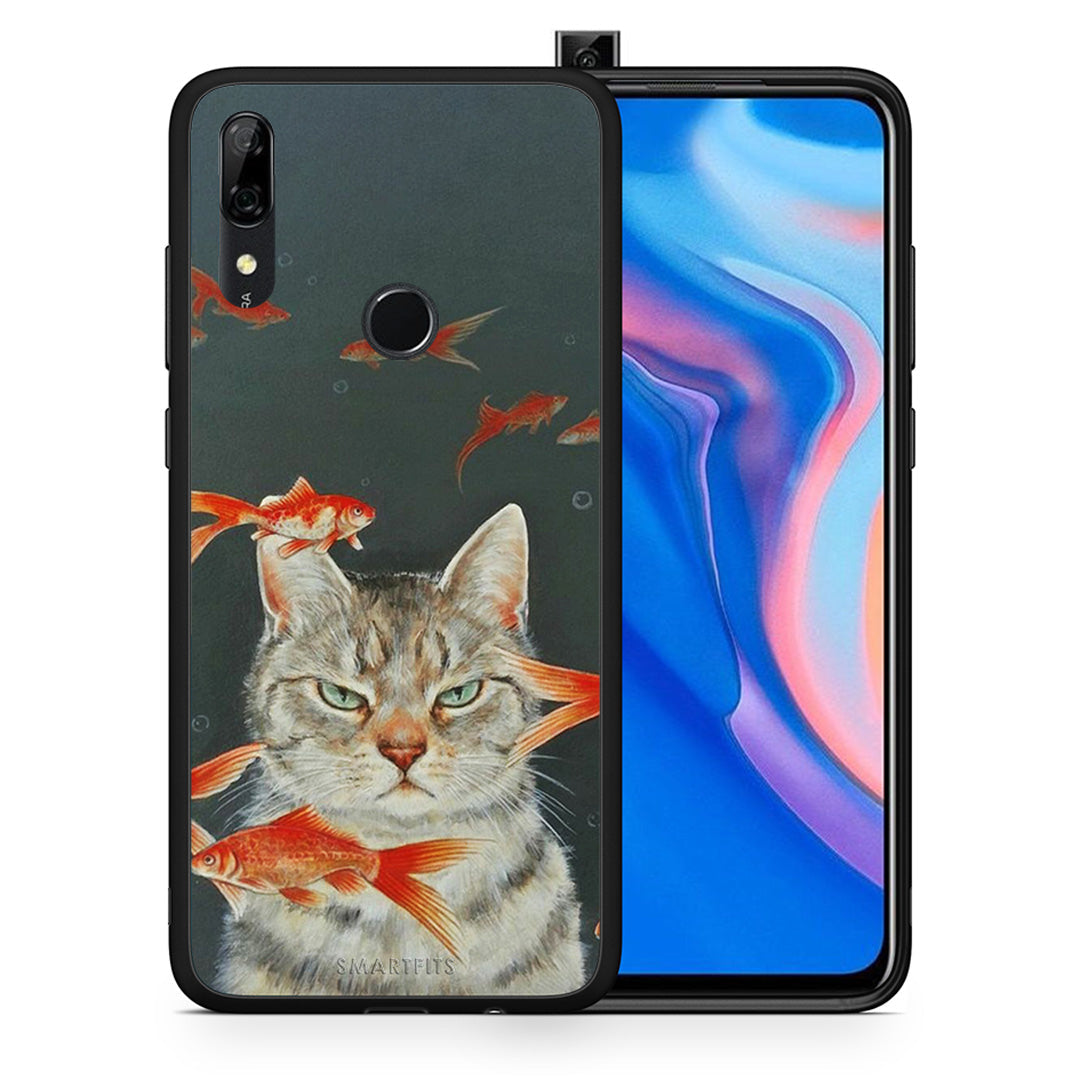 Θήκη Huawei P Smart Z Cat Goldfish από τη Smartfits με σχέδιο στο πίσω μέρος και μαύρο περίβλημα | Huawei P Smart Z Cat Goldfish case with colorful back and black bezels