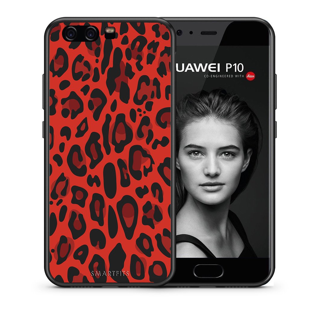 Θήκη Huawei P10 Lite Red Leopard Animal από τη Smartfits με σχέδιο στο πίσω μέρος και μαύρο περίβλημα | Huawei P10 Lite Red Leopard Animal case with colorful back and black bezels