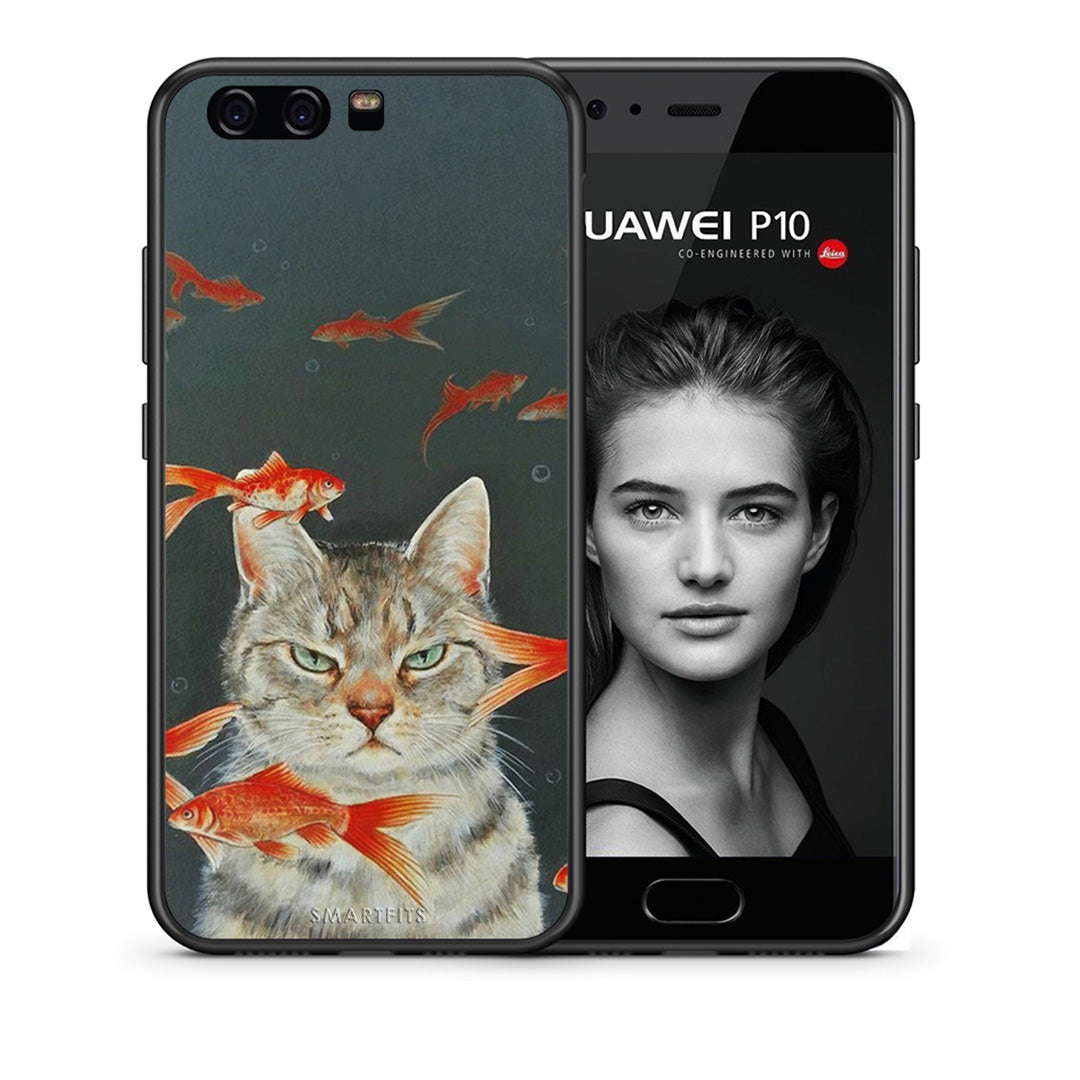 Θήκη Huawei P10 Lite Cat Goldfish από τη Smartfits με σχέδιο στο πίσω μέρος και μαύρο περίβλημα | Huawei P10 Lite Cat Goldfish case with colorful back and black bezels