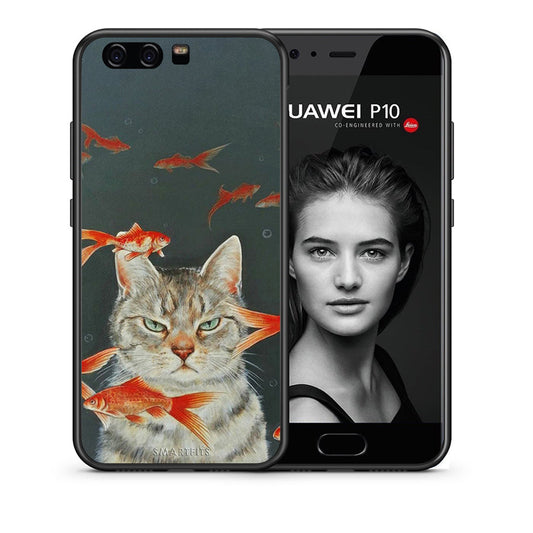 Θήκη Huawei P10 Lite Cat Goldfish από τη Smartfits με σχέδιο στο πίσω μέρος και μαύρο περίβλημα | Huawei P10 Lite Cat Goldfish case with colorful back and black bezels