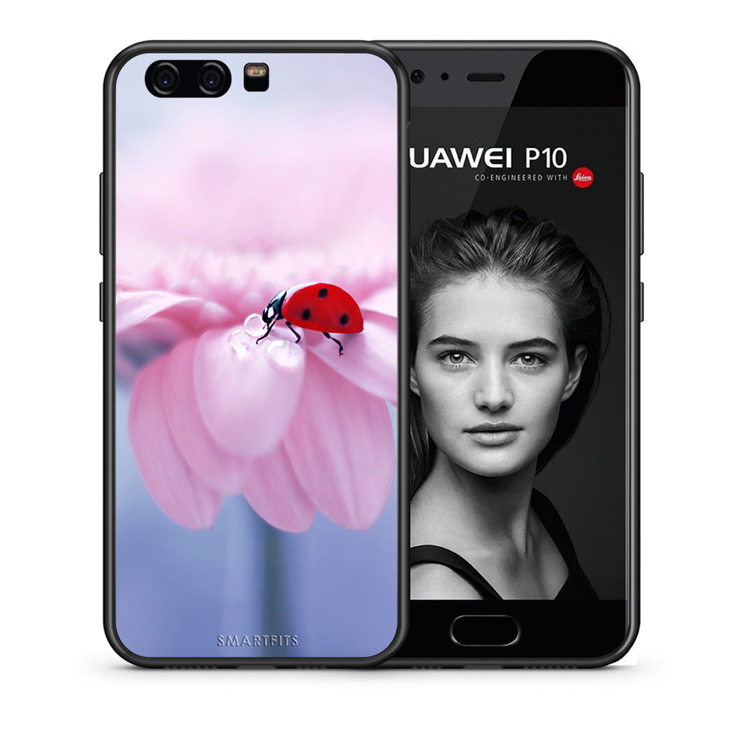 Θήκη Huawei P10 Ladybug Flower από τη Smartfits με σχέδιο στο πίσω μέρος και μαύρο περίβλημα | Huawei P10 Ladybug Flower case with colorful back and black bezels