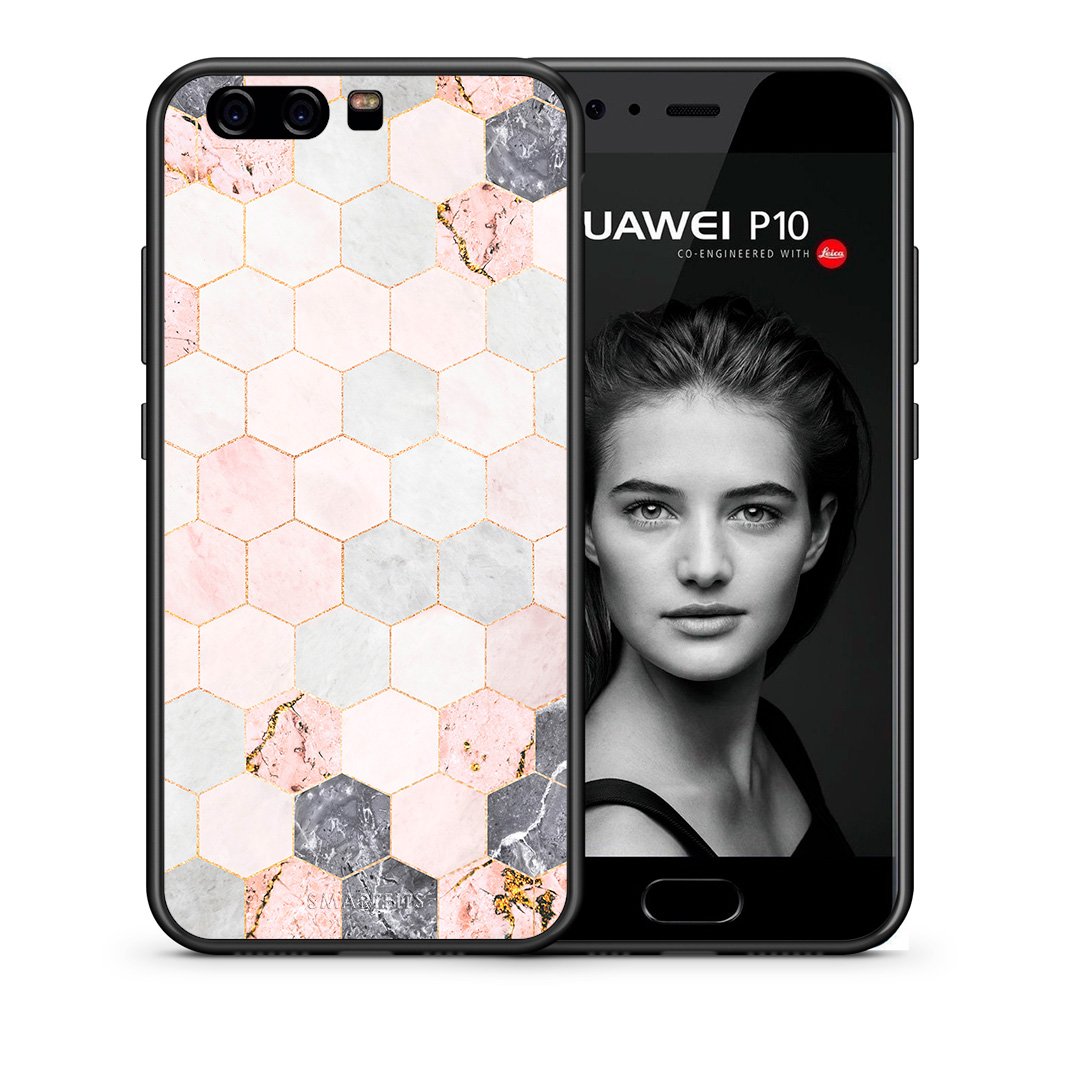 Θήκη Huawei P10 Lite Hexagon Pink Marble από τη Smartfits με σχέδιο στο πίσω μέρος και μαύρο περίβλημα | Huawei P10 Lite Hexagon Pink Marble case with colorful back and black bezels
