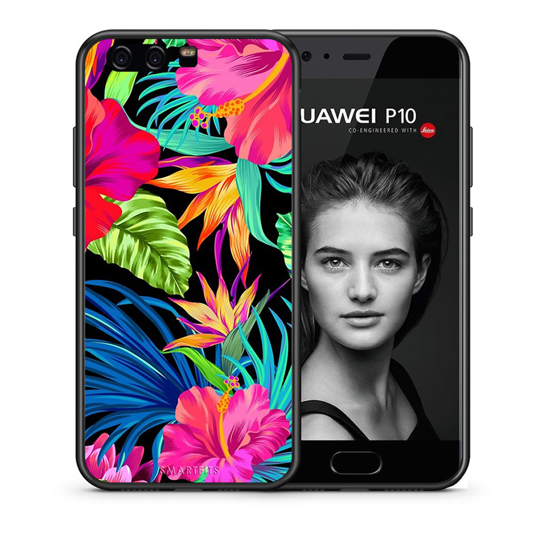 Θήκη Huawei P10 Lite Tropical Flowers από τη Smartfits με σχέδιο στο πίσω μέρος και μαύρο περίβλημα | Huawei P10 Lite Tropical Flowers case with colorful back and black bezels