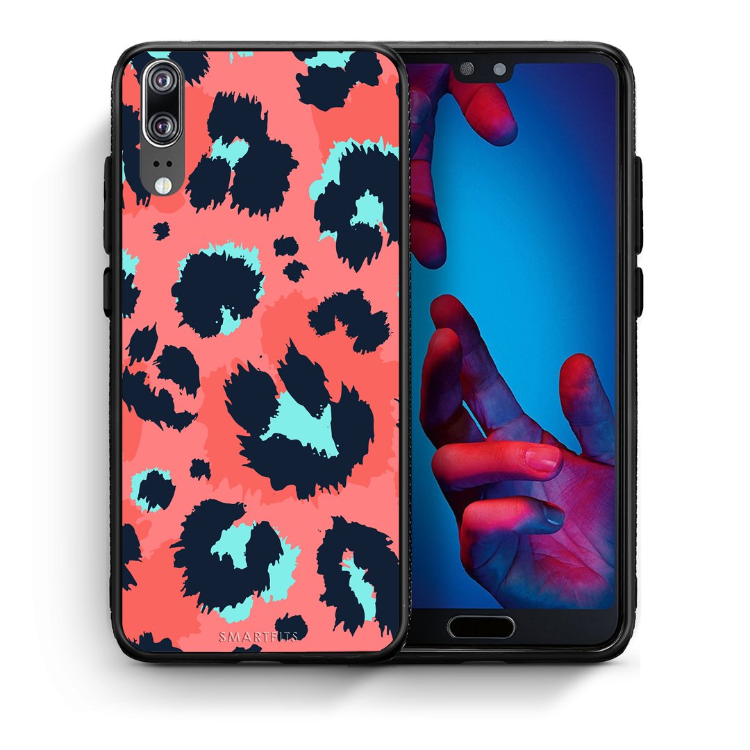 Θήκη Huawei P20 Pink Leopard Animal από τη Smartfits με σχέδιο στο πίσω μέρος και μαύρο περίβλημα | Huawei P20 Pink Leopard Animal case with colorful back and black bezels