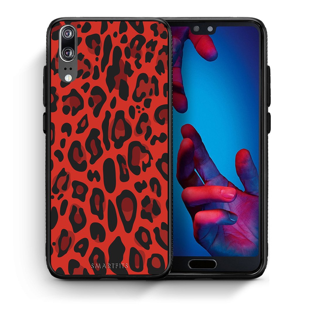 Θήκη Huawei P20 Red Leopard Animal από τη Smartfits με σχέδιο στο πίσω μέρος και μαύρο περίβλημα | Huawei P20 Red Leopard Animal case with colorful back and black bezels