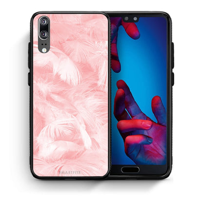 Θήκη Huawei P20 Pink Feather Boho από τη Smartfits με σχέδιο στο πίσω μέρος και μαύρο περίβλημα | Huawei P20 Pink Feather Boho case with colorful back and black bezels