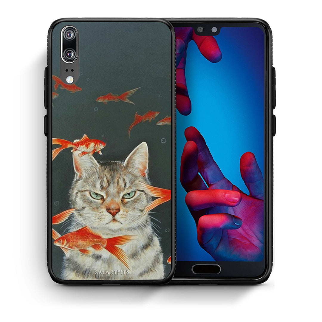 Θήκη Huawei P20 Cat Goldfish από τη Smartfits με σχέδιο στο πίσω μέρος και μαύρο περίβλημα | Huawei P20 Cat Goldfish case with colorful back and black bezels