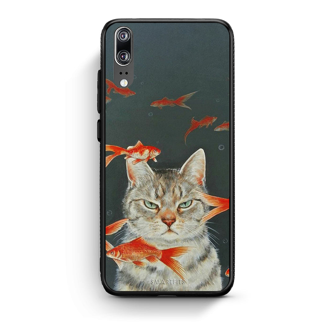 Huawei P20 Cat Goldfish θήκη από τη Smartfits με σχέδιο στο πίσω μέρος και μαύρο περίβλημα | Smartphone case with colorful back and black bezels by Smartfits