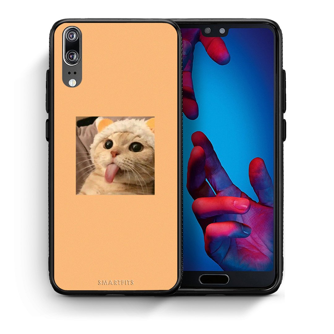 Θήκη Huawei P20 Cat Tongue από τη Smartfits με σχέδιο στο πίσω μέρος και μαύρο περίβλημα | Huawei P20 Cat Tongue case with colorful back and black bezels