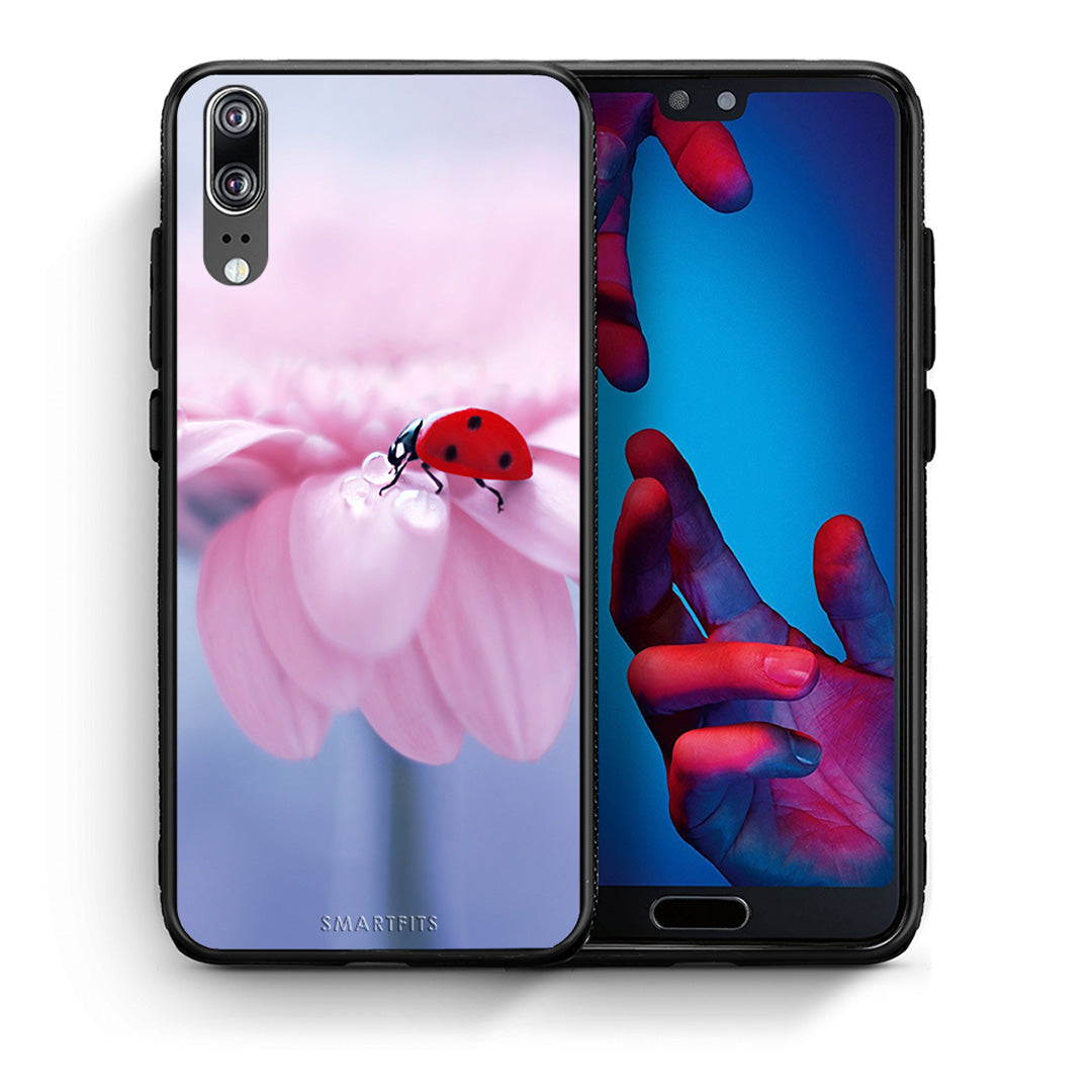 Θήκη Huawei P20 Ladybug Flower από τη Smartfits με σχέδιο στο πίσω μέρος και μαύρο περίβλημα | Huawei P20 Ladybug Flower case with colorful back and black bezels