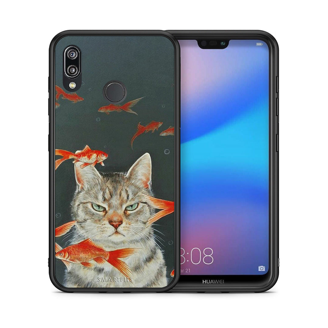 Θήκη Huawei P20 Lite Cat Goldfish από τη Smartfits με σχέδιο στο πίσω μέρος και μαύρο περίβλημα | Huawei P20 Lite Cat Goldfish case with colorful back and black bezels