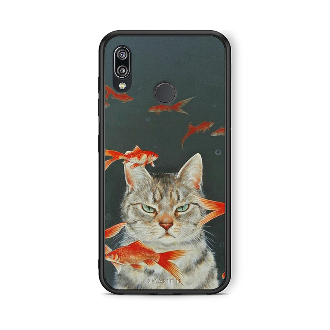 Huawei P20 Lite Cat Goldfish θήκη από τη Smartfits με σχέδιο στο πίσω μέρος και μαύρο περίβλημα | Smartphone case with colorful back and black bezels by Smartfits