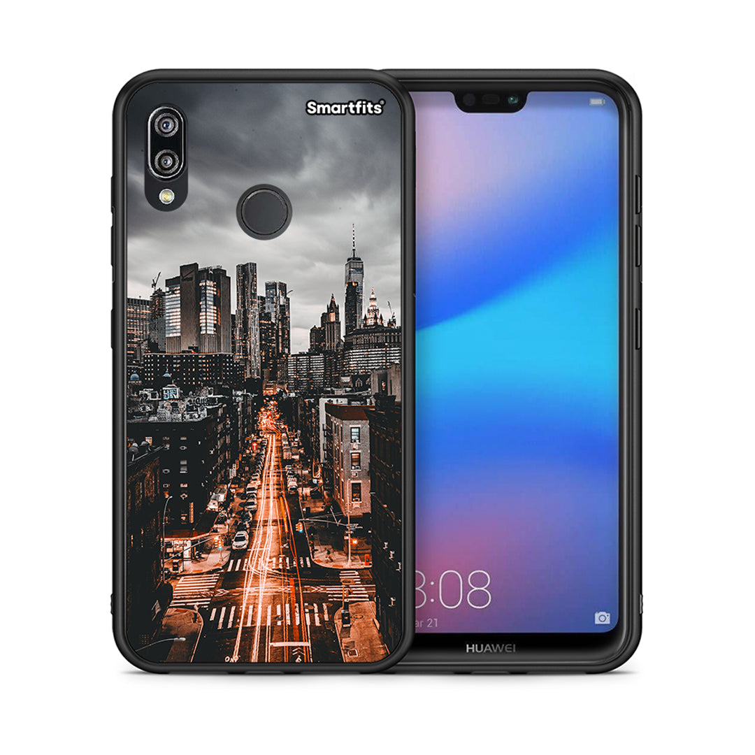 Θήκη Huawei P20 Lite City Lights από τη Smartfits με σχέδιο στο πίσω μέρος και μαύρο περίβλημα | Huawei P20 Lite City Lights case with colorful back and black bezels