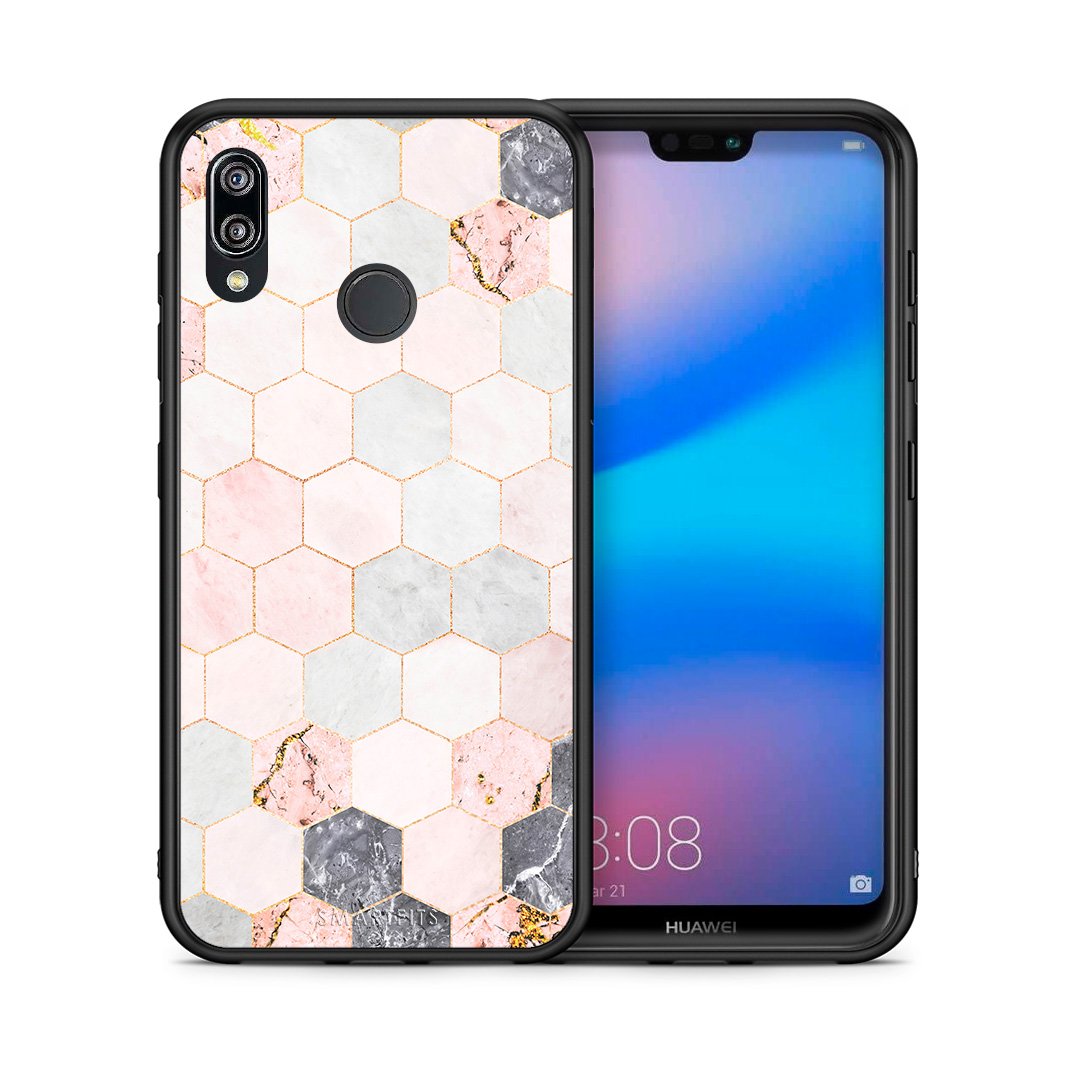 Θήκη Huawei P20 Lite Hexagon Pink Marble από τη Smartfits με σχέδιο στο πίσω μέρος και μαύρο περίβλημα | Huawei P20 Lite Hexagon Pink Marble case with colorful back and black bezels