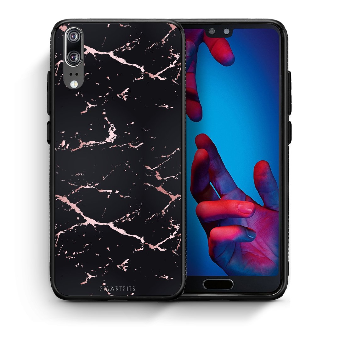 Θήκη Huawei P20 Black Rosegold Marble από τη Smartfits με σχέδιο στο πίσω μέρος και μαύρο περίβλημα | Huawei P20 Black Rosegold Marble case with colorful back and black bezels