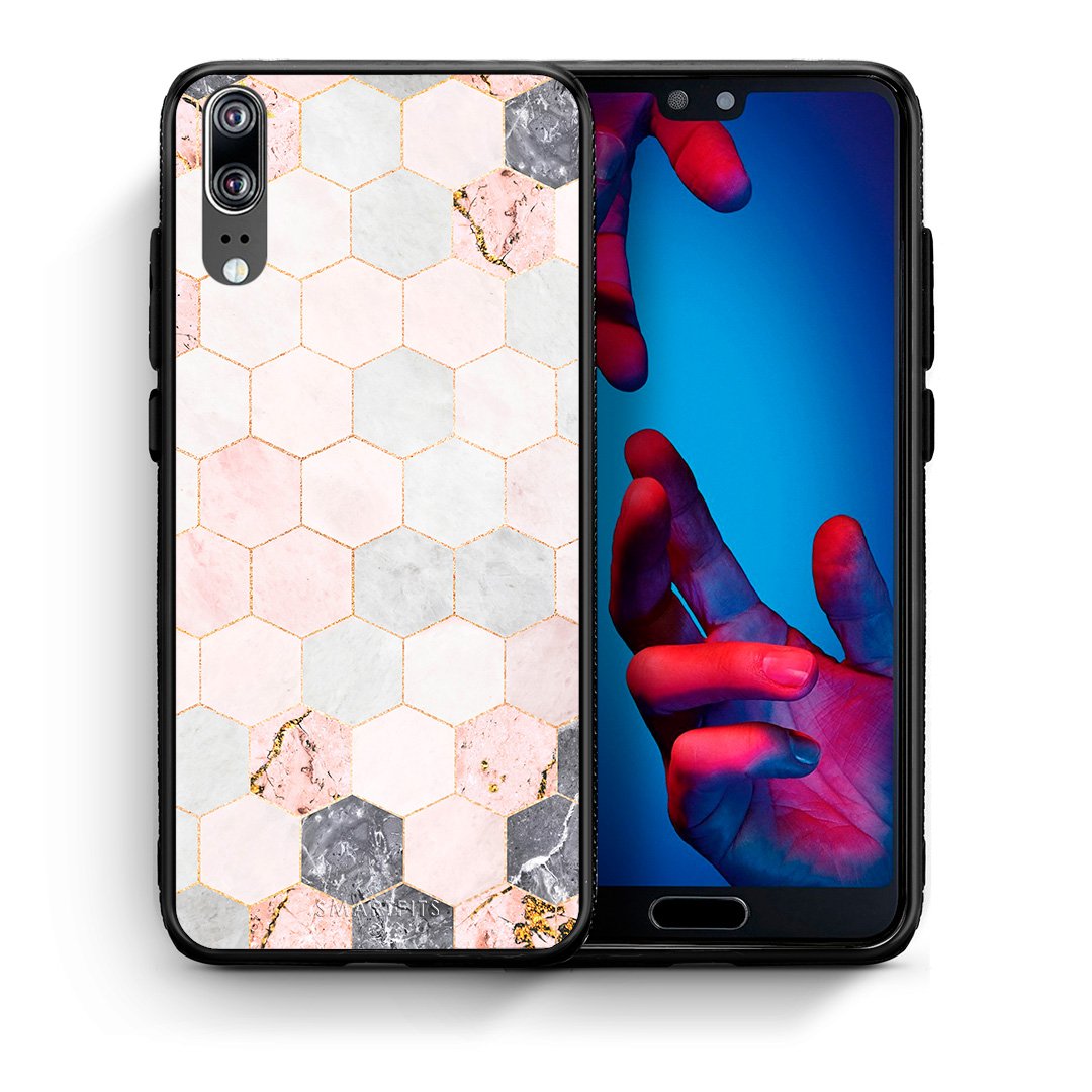 Θήκη Huawei P20 Hexagon Pink Marble από τη Smartfits με σχέδιο στο πίσω μέρος και μαύρο περίβλημα | Huawei P20 Hexagon Pink Marble case with colorful back and black bezels
