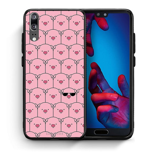 Θήκη Huawei P20 Pig Glasses από τη Smartfits με σχέδιο στο πίσω μέρος και μαύρο περίβλημα | Huawei P20 Pig Glasses case with colorful back and black bezels