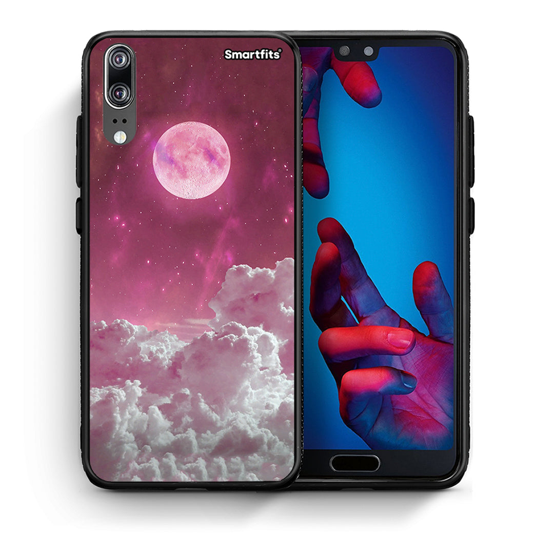 Θήκη Huawei P20 Pink Moon από τη Smartfits με σχέδιο στο πίσω μέρος και μαύρο περίβλημα | Huawei P20 Pink Moon case with colorful back and black bezels