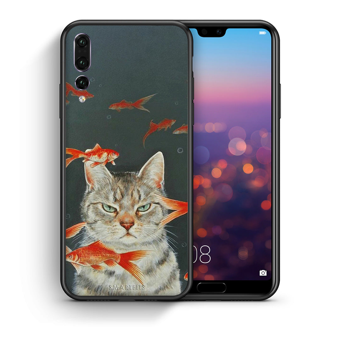 Θήκη Huawei P20 Pro Cat Goldfish από τη Smartfits με σχέδιο στο πίσω μέρος και μαύρο περίβλημα | Huawei P20 Pro Cat Goldfish case with colorful back and black bezels