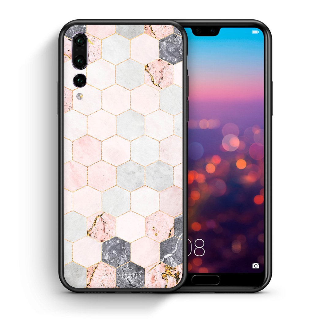 Θήκη Huawei P20 Pro Hexagon Pink Marble από τη Smartfits με σχέδιο στο πίσω μέρος και μαύρο περίβλημα | Huawei P20 Pro Hexagon Pink Marble case with colorful back and black bezels