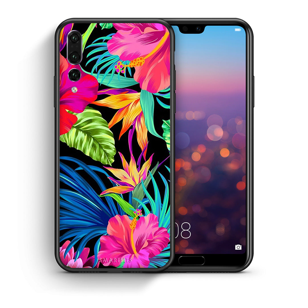 Θήκη Huawei P20 Pro Tropical Flowers από τη Smartfits με σχέδιο στο πίσω μέρος και μαύρο περίβλημα | Huawei P20 Pro Tropical Flowers case with colorful back and black bezels