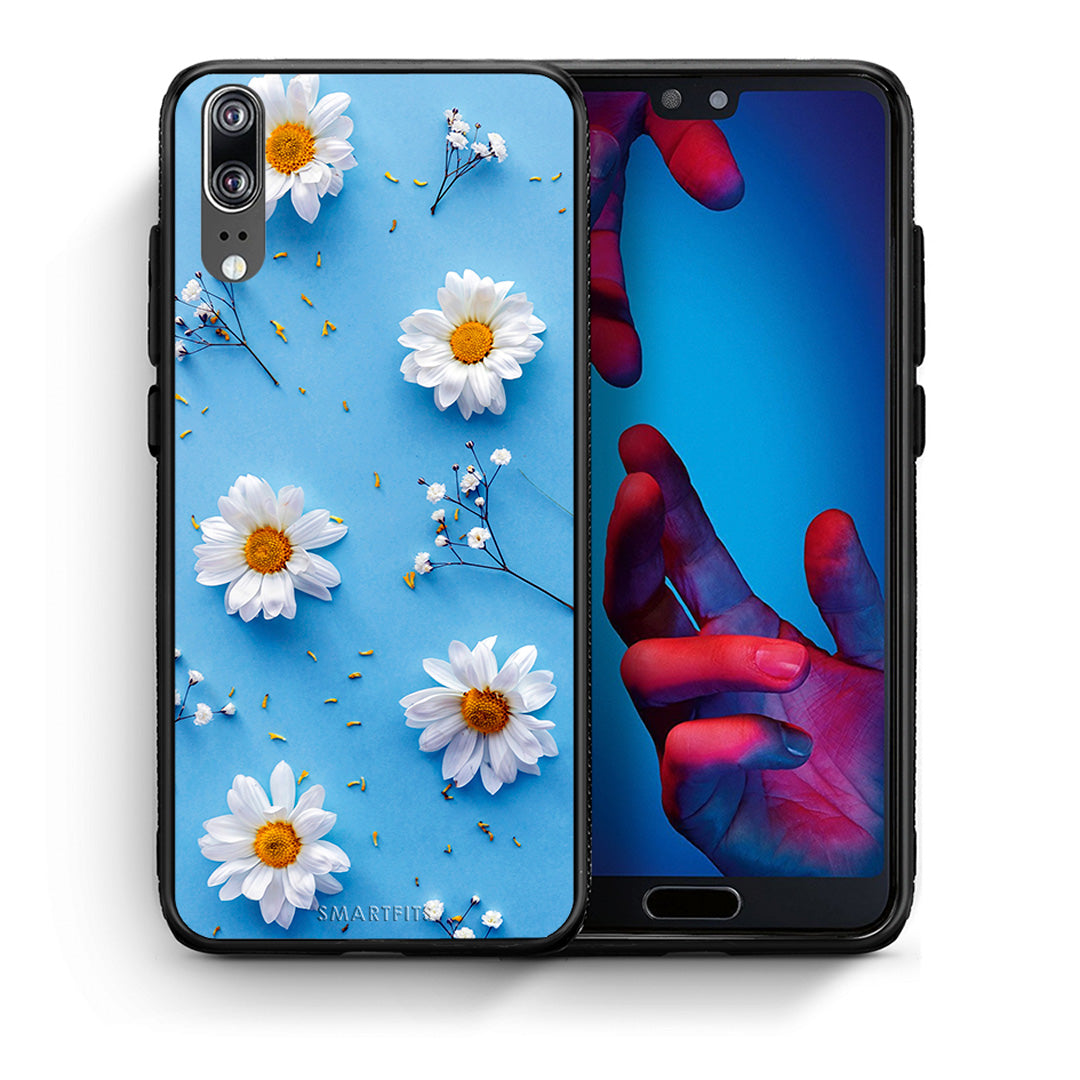 Θήκη Huawei P20 Real Daisies από τη Smartfits με σχέδιο στο πίσω μέρος και μαύρο περίβλημα | Huawei P20 Real Daisies case with colorful back and black bezels