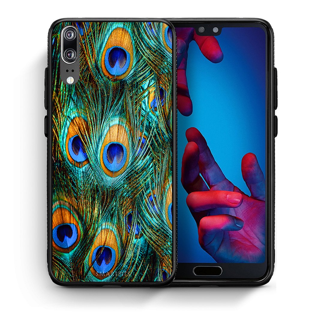 Θήκη Huawei P20 Real Peacock Feathers από τη Smartfits με σχέδιο στο πίσω μέρος και μαύρο περίβλημα | Huawei P20 Real Peacock Feathers case with colorful back and black bezels
