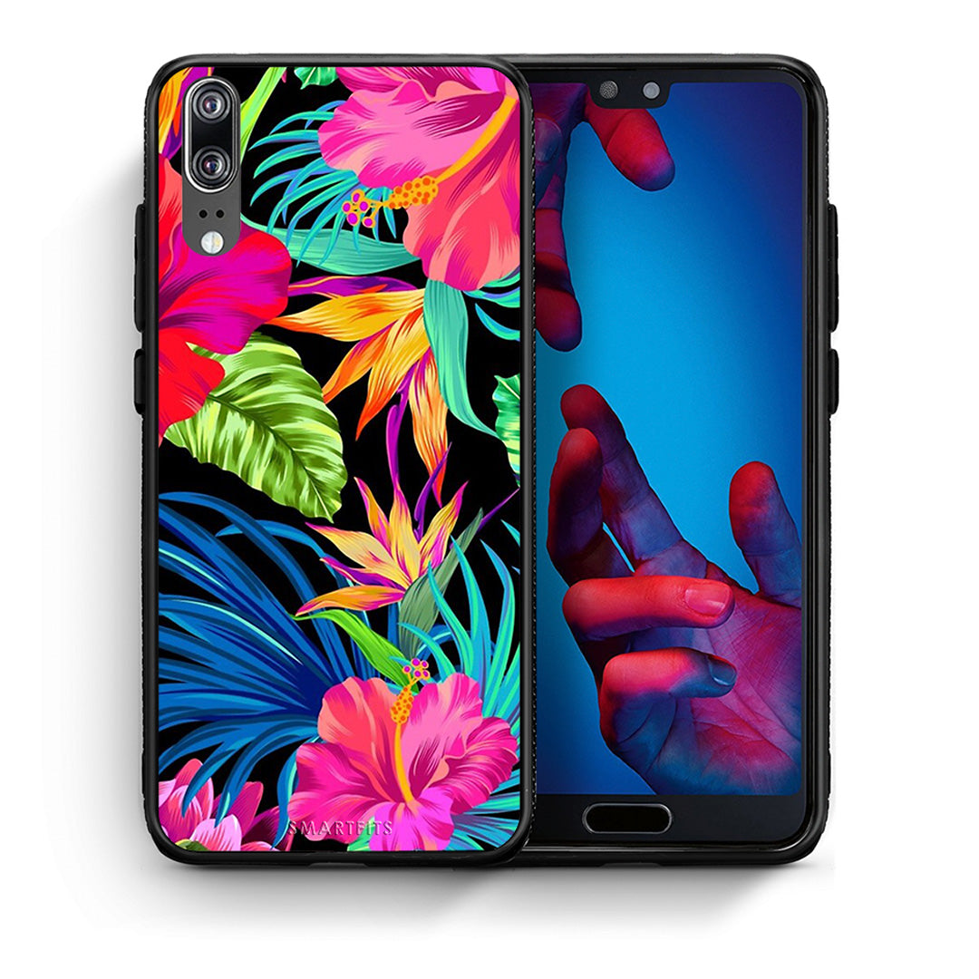 Θήκη Huawei P20 Tropical Flowers από τη Smartfits με σχέδιο στο πίσω μέρος και μαύρο περίβλημα | Huawei P20 Tropical Flowers case with colorful back and black bezels