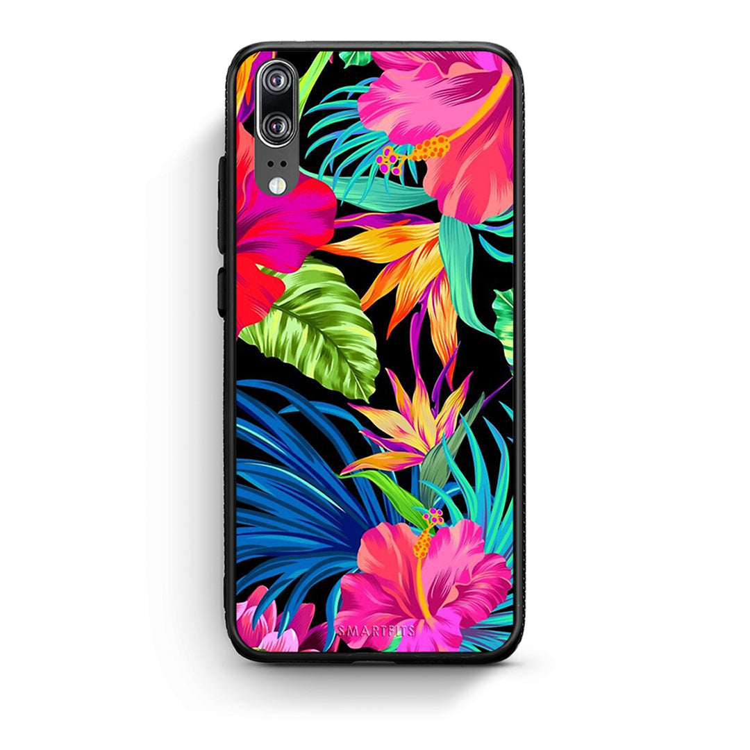 Huawei P20 Tropical Flowers θήκη από τη Smartfits με σχέδιο στο πίσω μέρος και μαύρο περίβλημα | Smartphone case with colorful back and black bezels by Smartfits