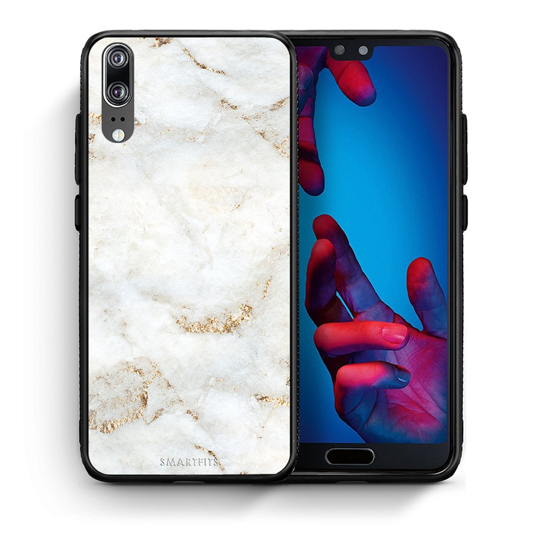 Θήκη Huawei P20 White Gold Marble από τη Smartfits με σχέδιο στο πίσω μέρος και μαύρο περίβλημα | Huawei P20 White Gold Marble case with colorful back and black bezels