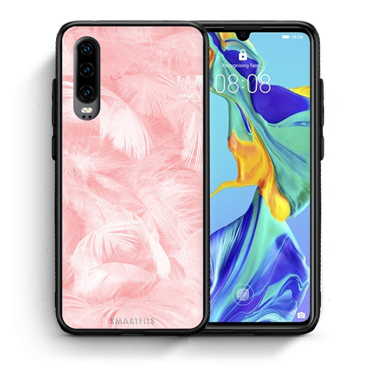 Θήκη Huawei P30 Pink Feather Boho από τη Smartfits με σχέδιο στο πίσω μέρος και μαύρο περίβλημα | Huawei P30 Pink Feather Boho case with colorful back and black bezels