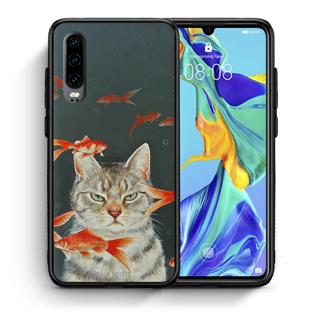 Θήκη Huawei P30 Cat Goldfish από τη Smartfits με σχέδιο στο πίσω μέρος και μαύρο περίβλημα | Huawei P30 Cat Goldfish case with colorful back and black bezels