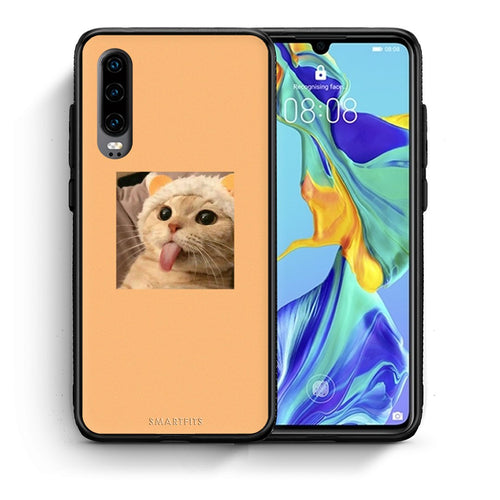 Θήκη Huawei P30 Cat Tongue από τη Smartfits με σχέδιο στο πίσω μέρος και μαύρο περίβλημα | Huawei P30 Cat Tongue case with colorful back and black bezels