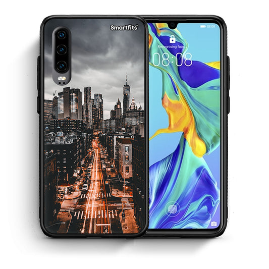 Θήκη Huawei P30 City Lights από τη Smartfits με σχέδιο στο πίσω μέρος και μαύρο περίβλημα | Huawei P30 City Lights case with colorful back and black bezels