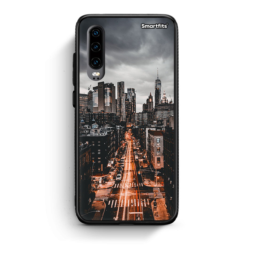 Huawei P30 City Lights θήκη από τη Smartfits με σχέδιο στο πίσω μέρος και μαύρο περίβλημα | Smartphone case with colorful back and black bezels by Smartfits
