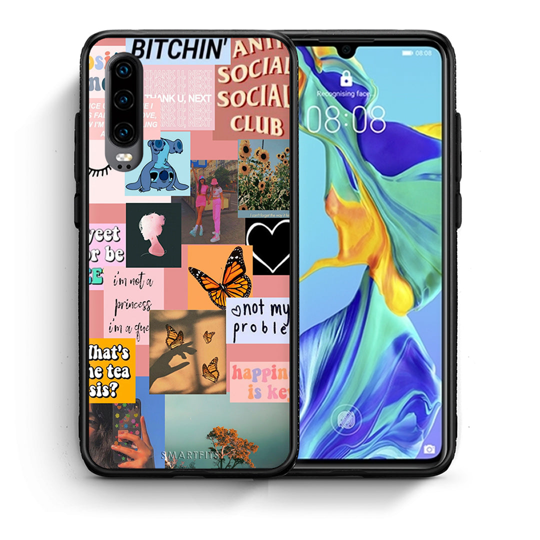 Θήκη Αγίου Βαλεντίνου Huawei P30 Collage Bitchin από τη Smartfits με σχέδιο στο πίσω μέρος και μαύρο περίβλημα | Huawei P30 Collage Bitchin case with colorful back and black bezels
