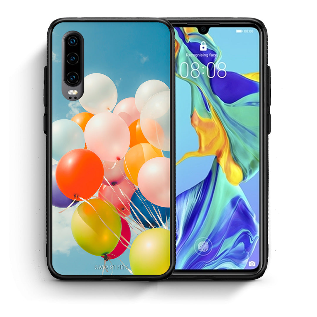 Θήκη Huawei P30 Colorful Balloons από τη Smartfits με σχέδιο στο πίσω μέρος και μαύρο περίβλημα | Huawei P30 Colorful Balloons case with colorful back and black bezels