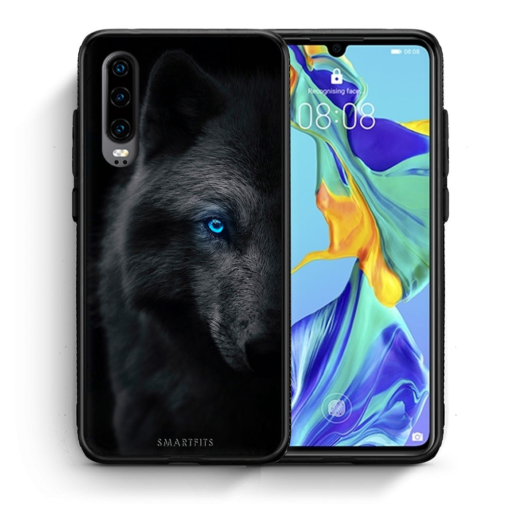 Θήκη Huawei P30 Dark Wolf από τη Smartfits με σχέδιο στο πίσω μέρος και μαύρο περίβλημα | Huawei P30 Dark Wolf case with colorful back and black bezels