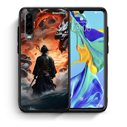 Θήκη Huawei P30 Dragons Fight από τη Smartfits με σχέδιο στο πίσω μέρος και μαύρο περίβλημα | Huawei P30 Dragons Fight case with colorful back and black bezels