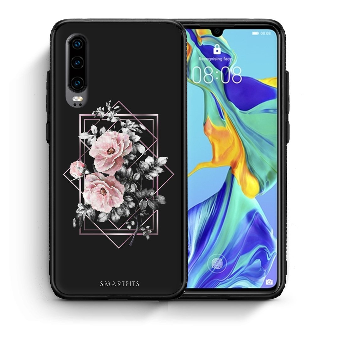 Θήκη Huawei P30 Frame Flower από τη Smartfits με σχέδιο στο πίσω μέρος και μαύρο περίβλημα | Huawei P30 Frame Flower case with colorful back and black bezels
