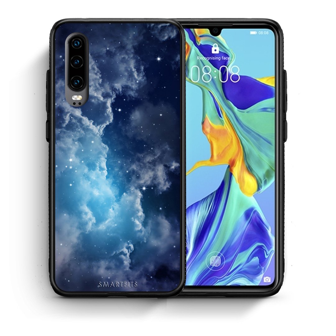 Θήκη Huawei P30 Blue Sky Galaxy από τη Smartfits με σχέδιο στο πίσω μέρος και μαύρο περίβλημα | Huawei P30 Blue Sky Galaxy case with colorful back and black bezels