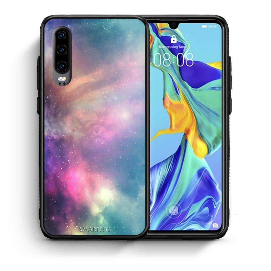 Θήκη Huawei P30 Rainbow Galaxy από τη Smartfits με σχέδιο στο πίσω μέρος και μαύρο περίβλημα | Huawei P30 Rainbow Galaxy case with colorful back and black bezels